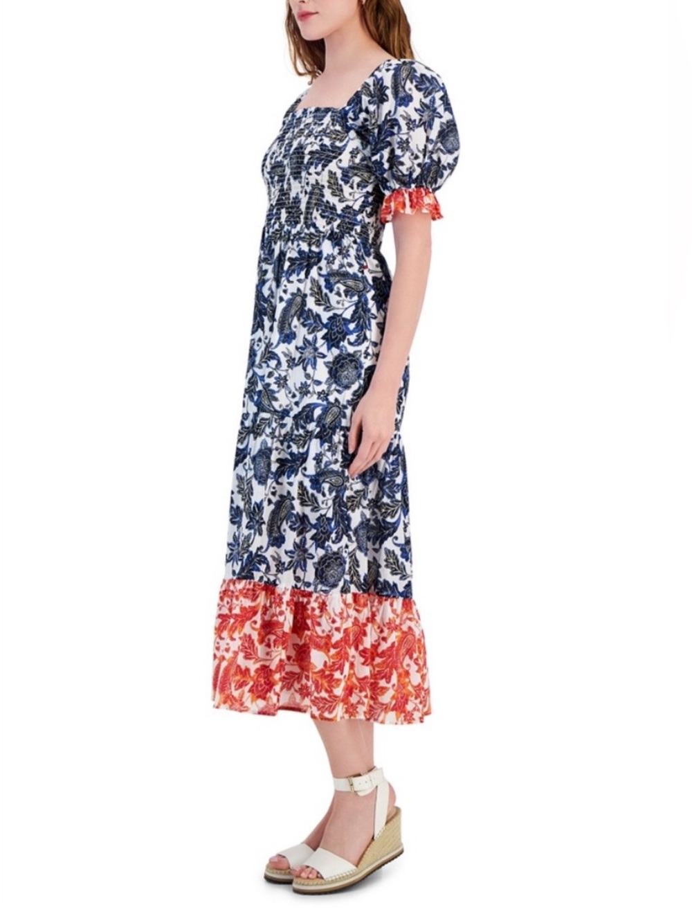 Tommy Hilfiger Floral Blue White Red Midi Dress Smocked Puff Sleeves Size Small